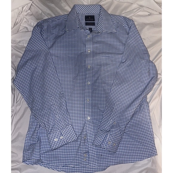 Stafford Travel Wrinkle-free Oxford Long Sleeve Dress Shirt‎ 15 1/2 Blue Gingham - Picture 1 of 7
